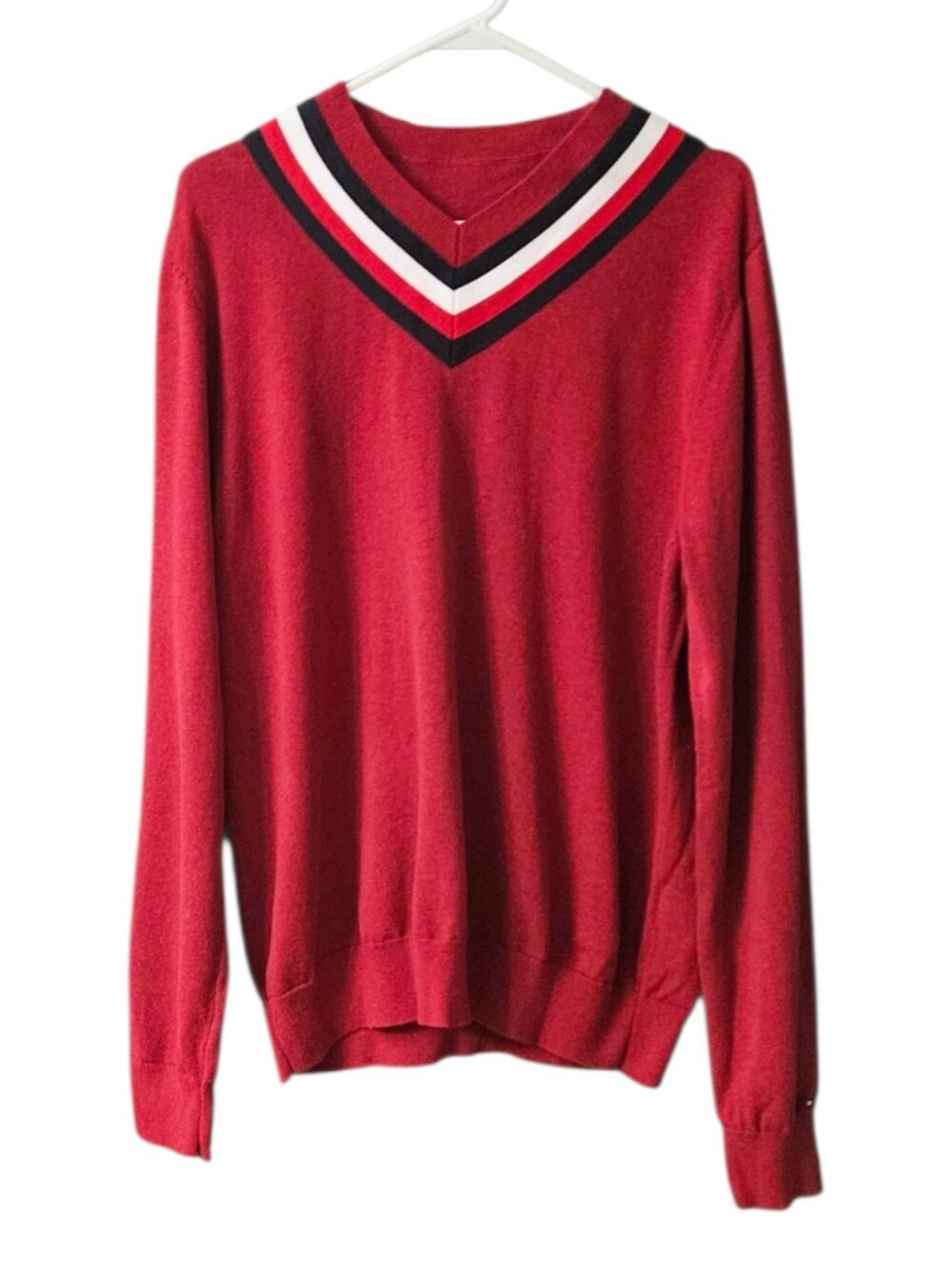 Tommy Hilfiger V-Neck Sweater Men's Size Large Striped Trim Red